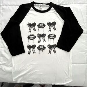 Black and White Graphic Raglan Shirt “Bows and Horror”. Size L. NWOT